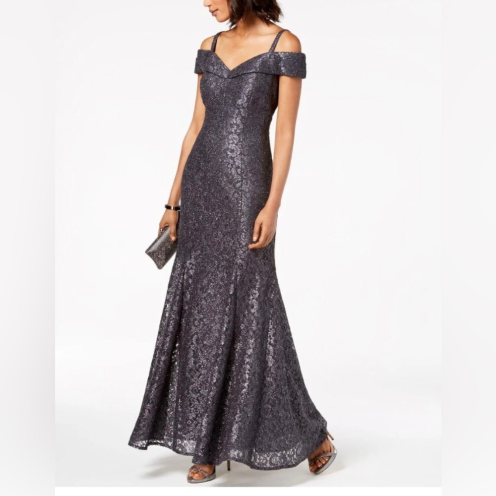 R & M Richards Drop Shoulder Formal Gown Midnight Blue Lace Prom Dress